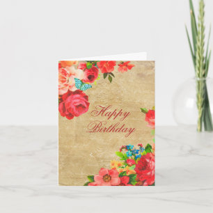 Cartão Placa de Aniversário de Design Floral de Rosas Ros