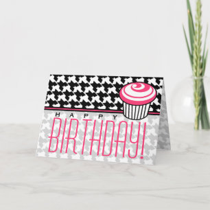 Cartão Placa de aniversário Houndstooth com Cupcake rosa