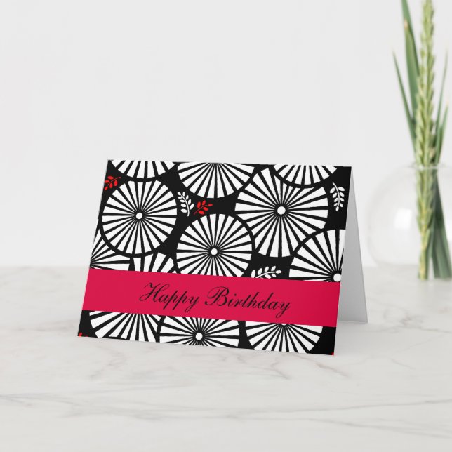 Cartão Placa de Aniversário para flores brancas-pretas re (Frente)