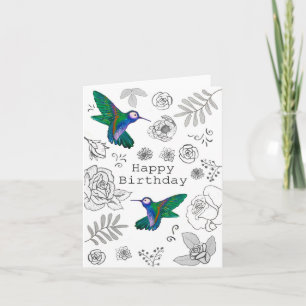 Cartão Placa de beija-flor Floral Feliz Aniversário Ilust