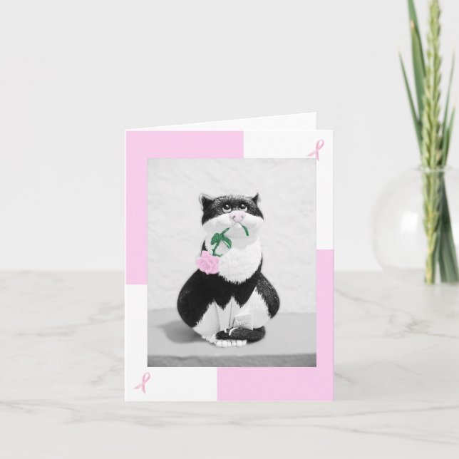 Cartão Placa de Cancer de Mama Fitas de Gato e Rosa Rosa  (Frente)