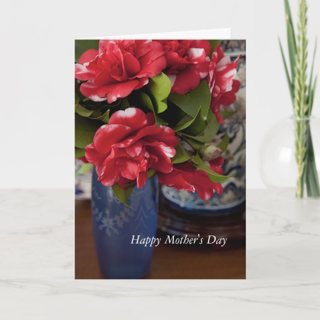 Cartão Placa de Dia de as mães azul de camelias brancas e (Frente)