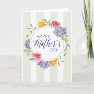 Cartão Placa de dia de as mães w- Watercolor Floral Wreat