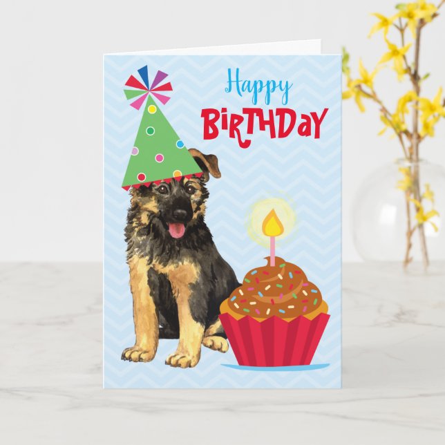 Cartão Placa de German shepherd de aniversário (Flor Amarela)