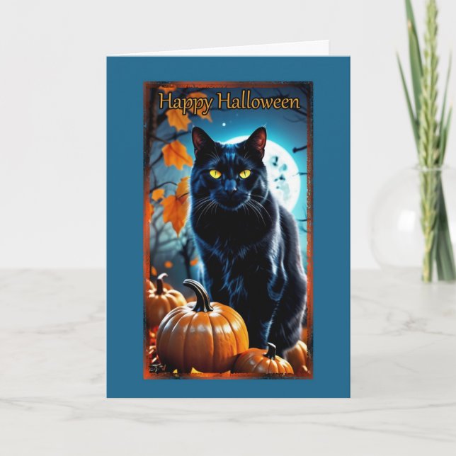 Cartão Placa de Halloween de Lua Cheia de Gato Negro (Frente)