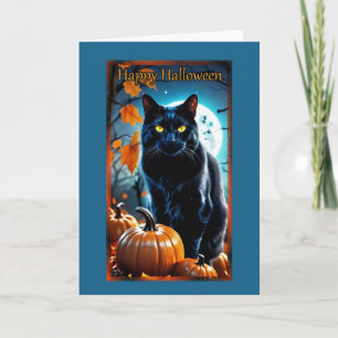 Cartão Placa de Halloween de Lua Cheia de Gato Negro