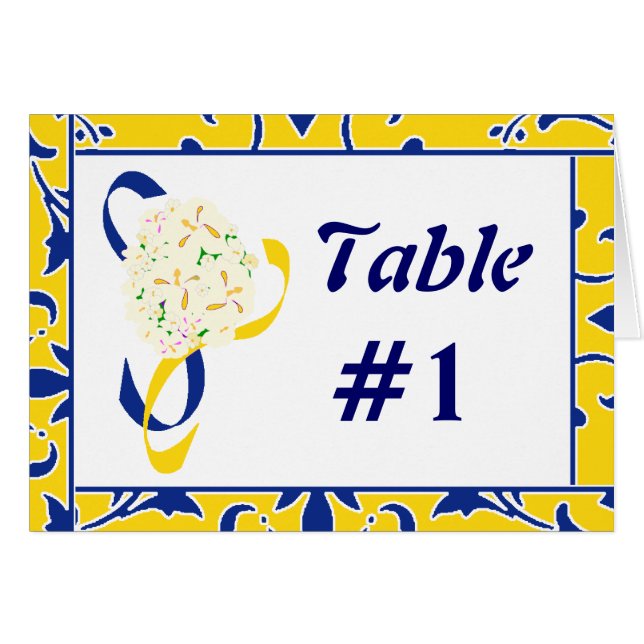 Cartão Placa de Mesa azul, Dourada e branca, Damask (Frente Horizontal)