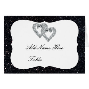 Cartão Placa de Mesa do Coração Diamante Negro Glitter