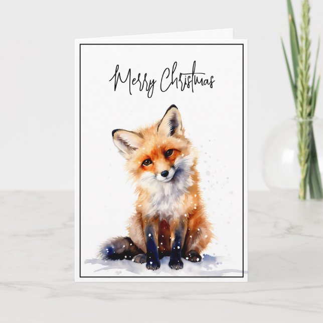 Cartão Placa de Natal Snowy Fox Watercolor (Frente)