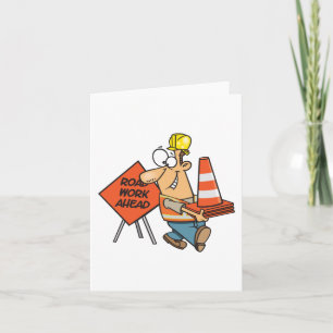 Cartão Placa de Obras na Estrada à Frente de Operário de