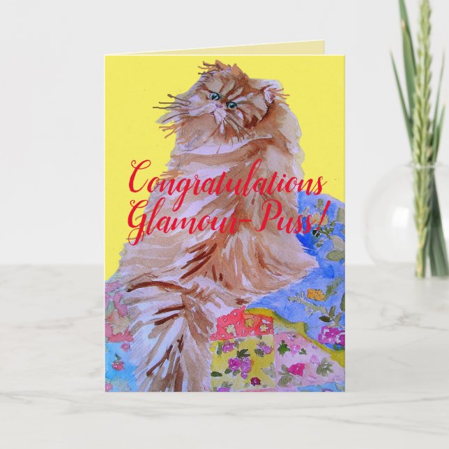 Cartão Placa de Parabéns Fluffy Cat Quilt Glamor-Puss (Frente)