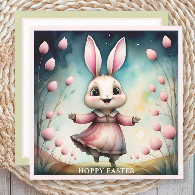 Cartão Placa de Páscoa de Aquarela Feliz e Bonita (Cute Happy Bunny Girl Watercolor Easter Card)