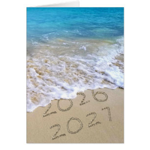 Cartão Placa de Praia do Ano Novo 2027 com Ondas do Ocean