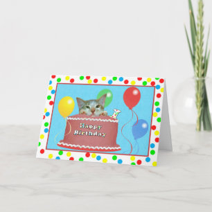 Cartão Placa de primeiro aniversario com Cat em um Bolo