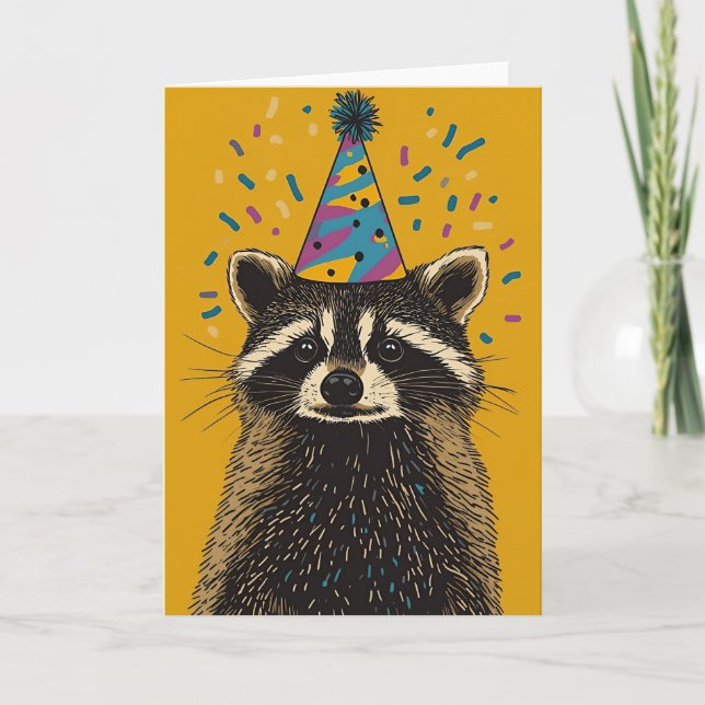 Cartão Placa de saudação de Festa de aniversário Raccoon (Frente)