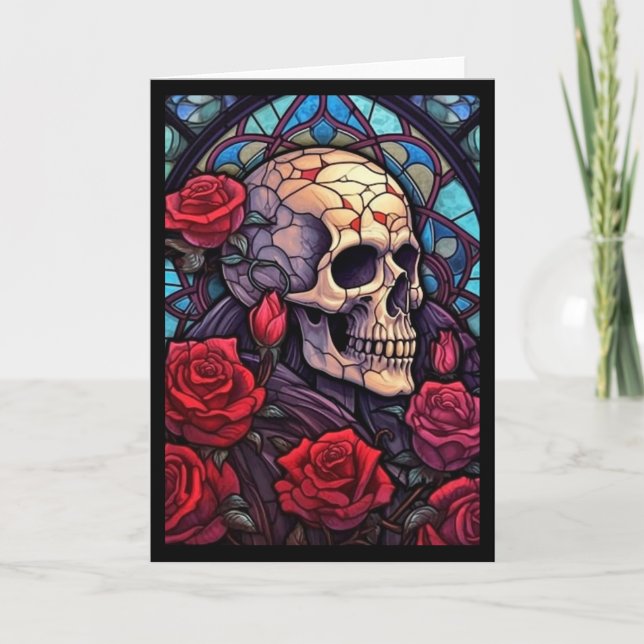 Cartão Placa de saudação do Vazio Skull e Rosa vermelha V (Frente)
