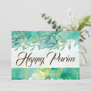 Cartão Placa de Saudação Plana de Purim Feliz Verde Verde
