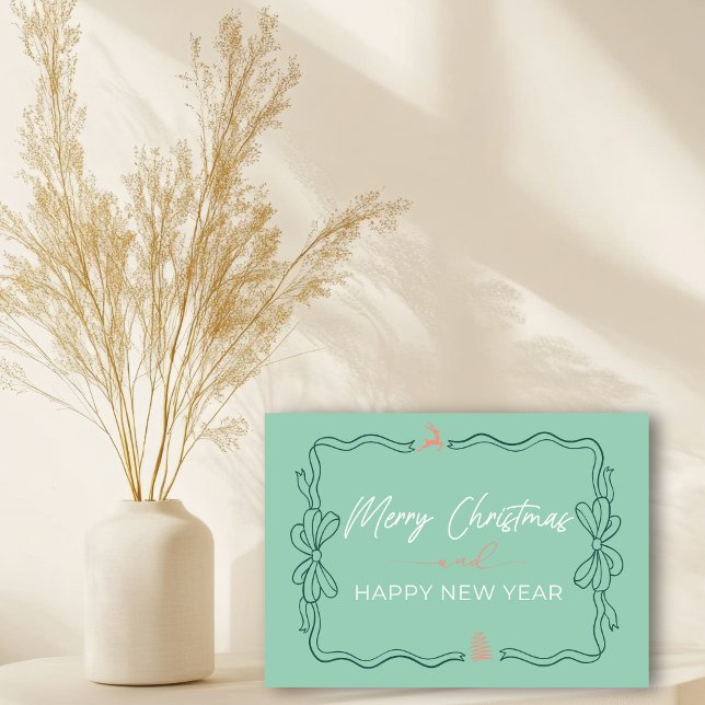 Cartão Placa dobrada de férias do Arco e árvores retrorre (Retro Bow & Trees Doodles Holiday Folded Card)