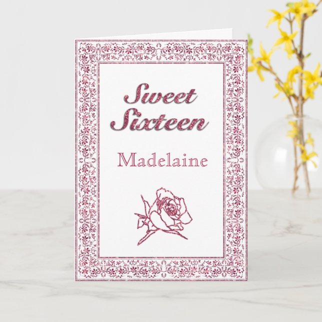 Cartão Placa Doce Dezesseis com Rosa brilhante cor-de-ros (Flor Amarela)