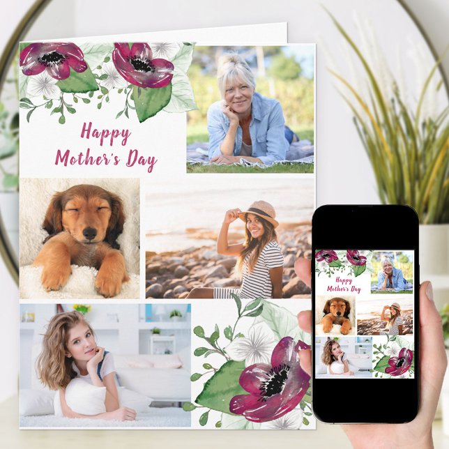 Cartão Placa editável Floral Magenta Collage (Criador carregado)