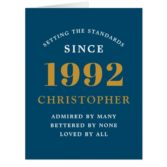 Cartão Placa Elegante Dourada Azul 1992 Nome do aniversár (Frente)