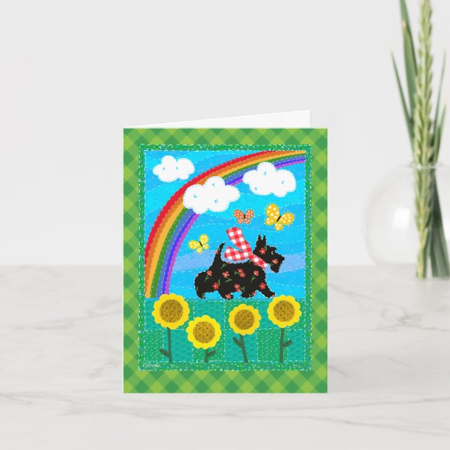 Cartão Placa Happy Scottie Rainbow Quilt Design 4x6 (Frente)