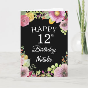 Cartão Placa Preta de Flores Florais com 12 Birthday Wate