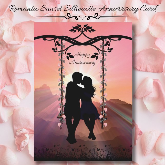 Cartão Placa Romântica de Aniversário do Casal de Silhuet (Romantic Sunset Silhouette Couple Anniversary Card (Front))