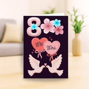 Cartão Placa Romântica do 8º Aniversário com Doves e Flor