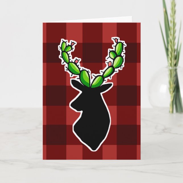 Cartão Plaid Cactus Deer Antler Christmas Greeting Card (Frente)