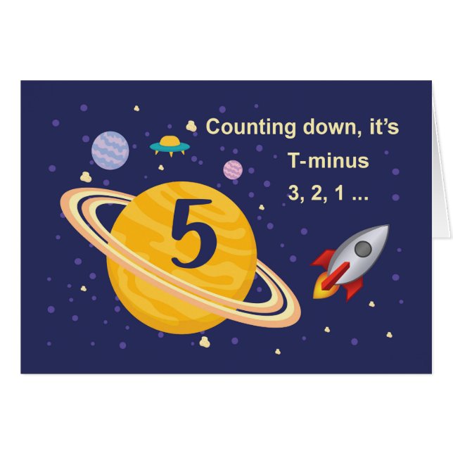 Cartão Planetas 5 de aniversário no espaço externo com fo (Frente Horizontal)