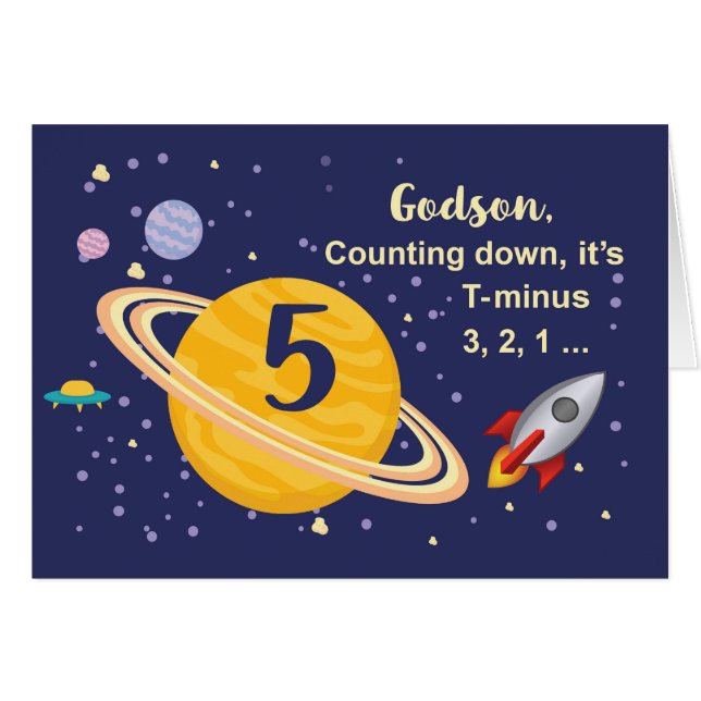 Cartão Planetas de Aniversário do 5 Godson no Espaço Exte (Frente Horizontal)