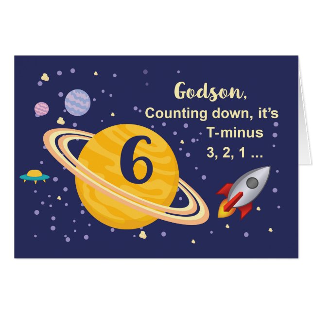 Cartão Planetas de Aniversário do 6 Godson no Espaço Exte (Frente Horizontal)