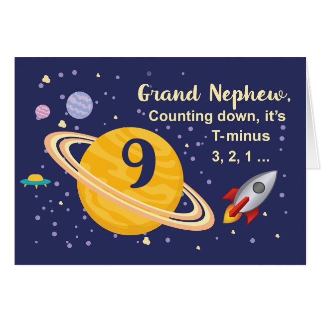 Cartão Planetas do Nono Aniversário do Grande Sobrinho no (Frente Horizontal)