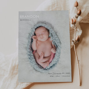 Cartão Plano de Anúncio de Bebê com Foto Cinza Min