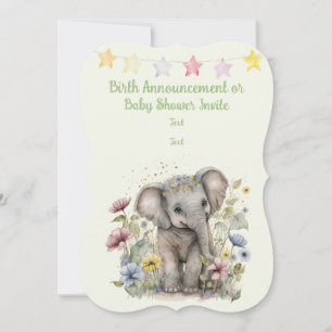 Cartão Plano de Anúncio de Bebê Elefante Aquarela
