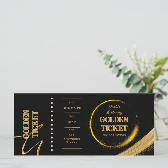 Cartão plano de convite preto e Dourado com tíquet (Em pé/Frente)