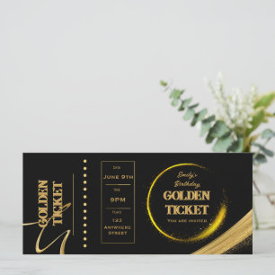 Cartão plano de convite preto e Dourado com tíquet
