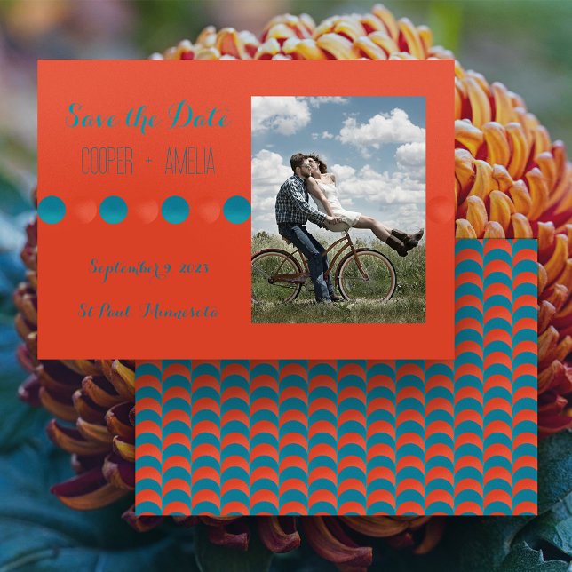 Cartão Plano de Data de Salvamento Laranja e Azul  (Burnt Orange and Teal Save the Date horizontal flat card with your photo)