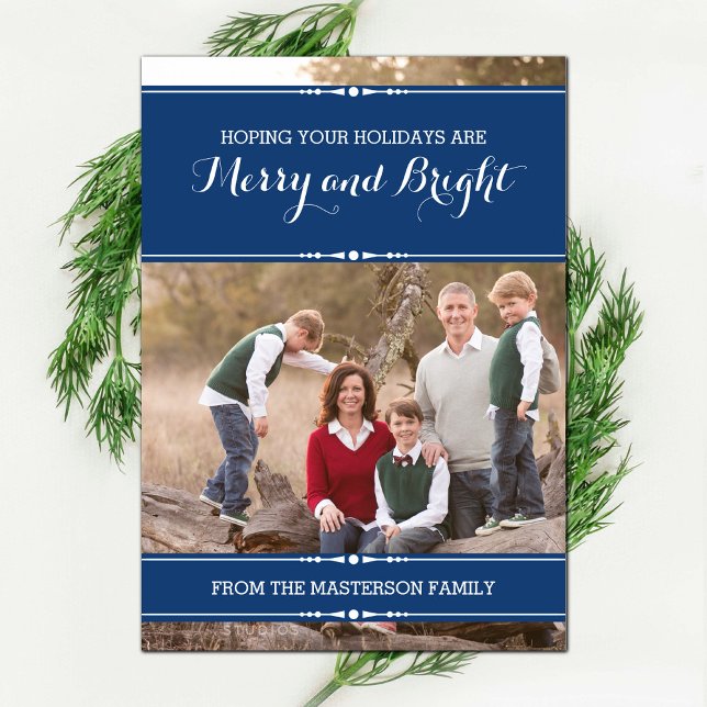 Cartão plano de fotos de feriado simples azul (Blue Simply Chic Holiday Photo Card)