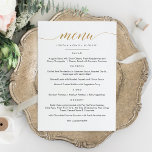 Cartão Plano de Menu de Caligrafia Dourada Falsa<br><div class="desc">Sinal de Menu de Casamento Simples Clássico & Elegante. Um design elegante em dourado, preto e branco ou qualquer cor de fundo que você escolher. Basta clicar no link personalizar ainda mais, mostrado sob a área de personalização de texto à direita, e escolher a cor de fundo personalizada. Este modelo...</div>