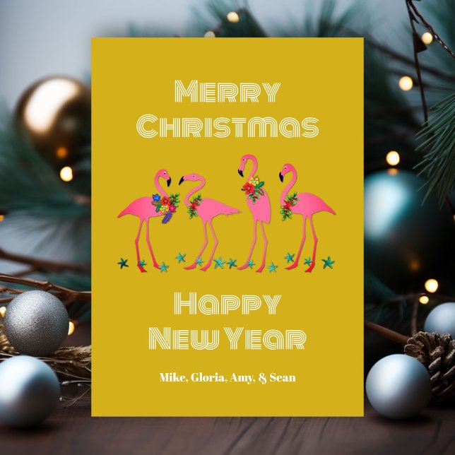 Cartão Plano de Natal Flamingos e Saudações (Criador carregado)