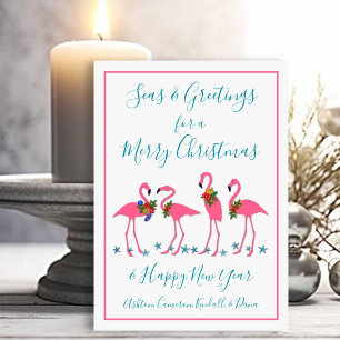 Cartão Plano de Natal Flamingos Mar e Saudações