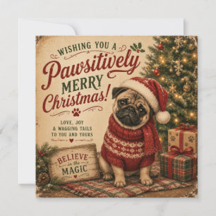 cartão plano de pug de natal vintage