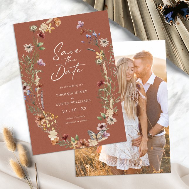Cartão Plano de Salvar a Data com Foto Floral de T (Boho Terracotta Floral Photo Save The Date Flat Card by Painted Paperie
)