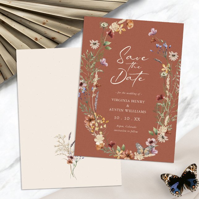 Cartão Plano de Terracota Floral Save The Date (Boho Terracotta Floral Save The Date Flat Card by Painted Paperie
)