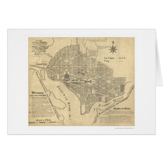 Cartão Plano do mapa 1792 do Washington DC (Frente Horizontal)