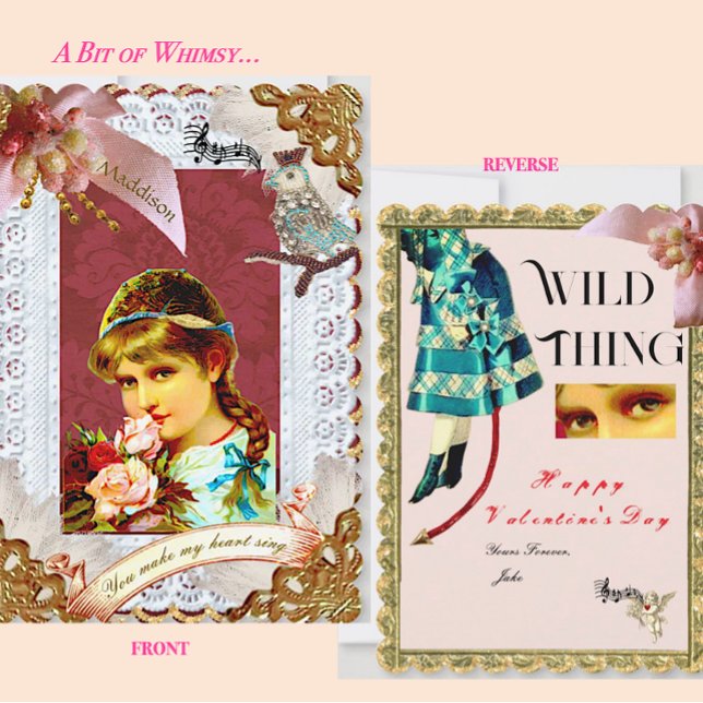 Cartão plano vitoriano Dresden 'Wild Thing' (A whimsical card. She plays it so innocent. The one who loves her best appreciates her true nature! )