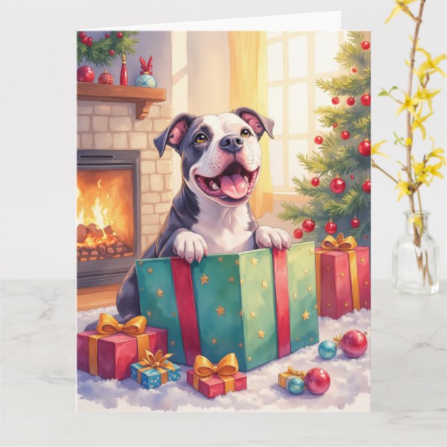 Cartão Playful Pitbull Opening Christmas Gifts Holiday (Flor Amarela)