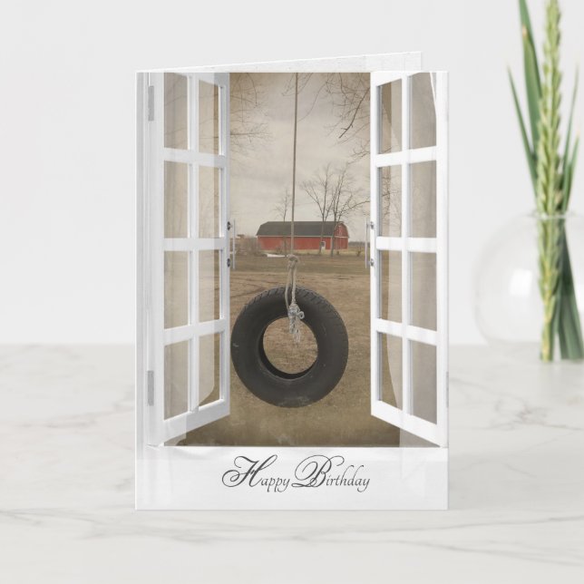 Cartão pneu velho balançando com aniversário de celeiro (Frente)